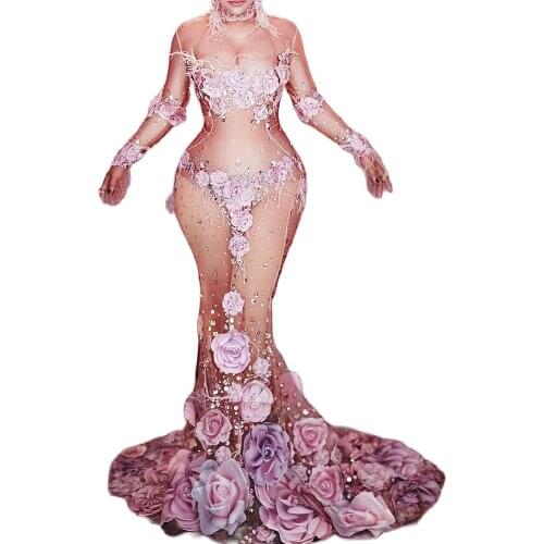 Personality Pink 3D Rose Flower Print Women Mermaid Long Tailing Dress Birthday Party Mesh Perspective Dress Nightclub Outfit