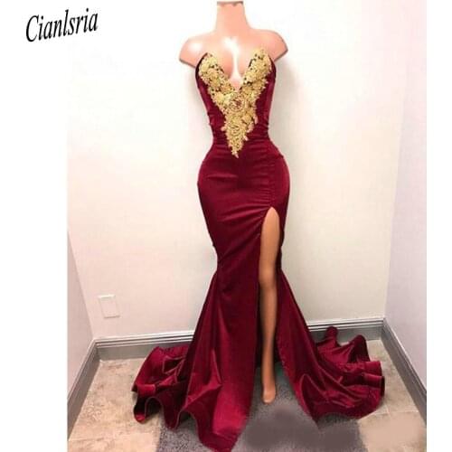 New Design Sexy Burgundy Prom Dresses with Gold Lace Appliqued Mermaid Front Split for 2020 Long Party Evening Wear Gowns