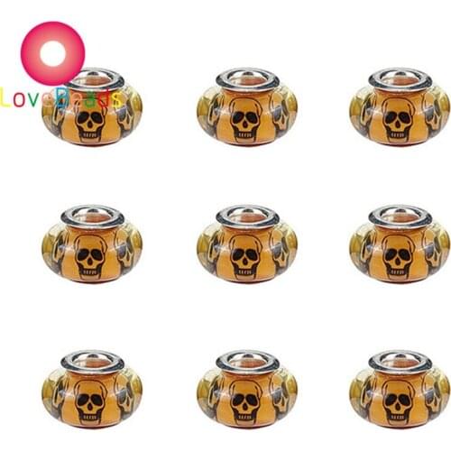 10Pcs 14x8mm Skull Rondelle Beads 5mm Large Hole With Silver Plated Core Fit Women Pandora Bracelet Snake Chain Jewelry Making