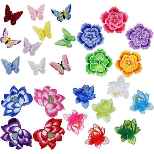 5pc Lotus Flower Iron on Applique Double Layers Butterfly Patch Embroidered Organdy Sticker Sewing Repair Badge Accessories