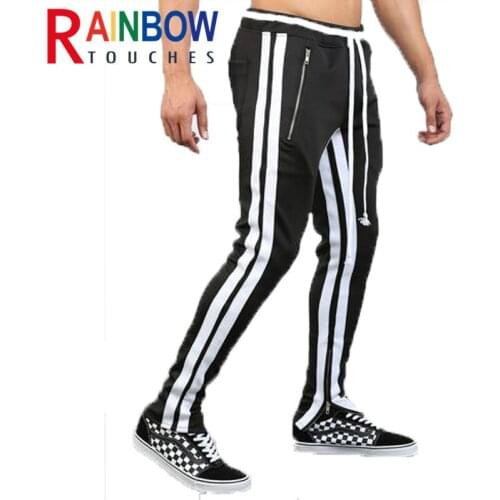 Rainbowtouches Fitness Men Contrast Side Stripe Slim Foot Zipper Gym Casusal Sport Pants Stretch Fabric