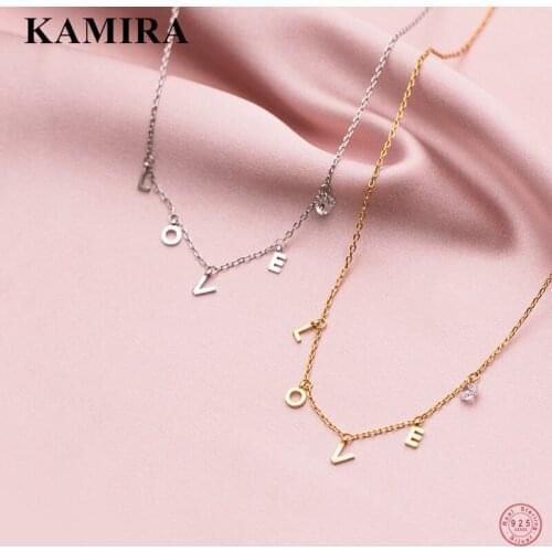KAMIRA 925 Sterling Silver Korean Letter LOVE Zircon Link Chain Pendientes Necklace for Women Wedding Charms Fine Choker Jewelry