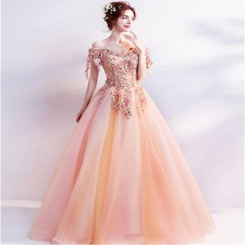 Europa Neueste Party Damen Off Schulter Blume Applique Vestidos De Fiesta Lange Orange Abendkleid