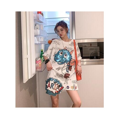 Hong Kong style short-sleeved T-shirt women loose 2021 short-sleeved sequined loose T-shirt women new mid-length summer top