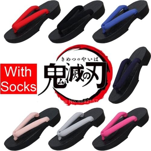 Halloween Anime Demon Slayer:Kimetsu No Yaiba Cosplay Slippers Samurai Wooden Sandals Shoes Japanese Geta Clogs Kamado Tanjirou