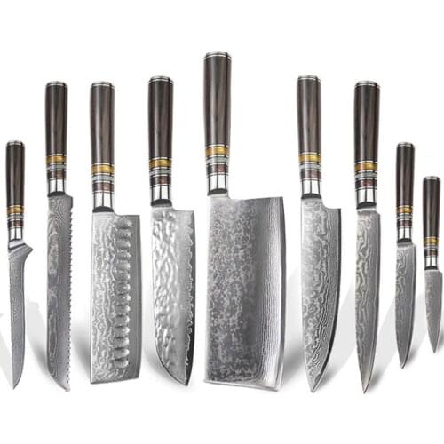 XSG 9Pcs Damascus Kitchen Knife Japanese Chef Knives Set 67 Layer Steel 9Cr18Mov Santoku Bread Utility Meat Cleaver Cooking Tool