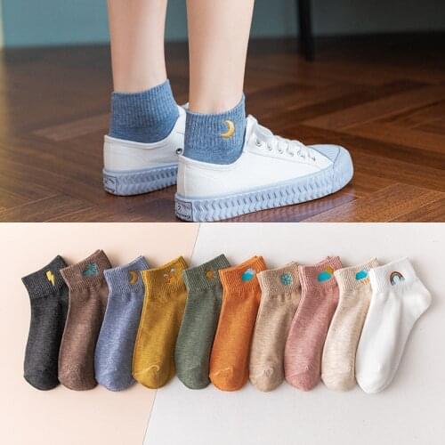 5 Pairs Cotton Socks Women Fashion Sun Rainbow Lightning Snowflake Embroidery Cute Solid Ankle Socks Winter Creative Girls Socks