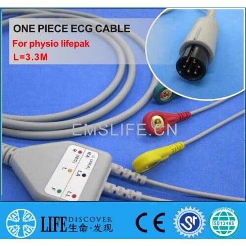 One piece ECG cable with 3 snap lead wires For physio lifepak patient monitor