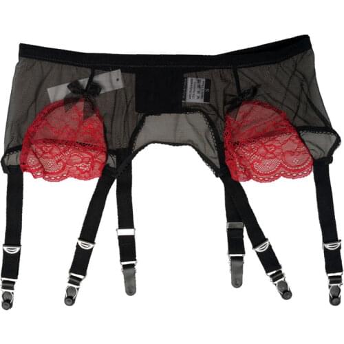 Women Garters Sexy Black Perspective Gauze Red Lace Vintage Metal Clips Garter Belt for Stockings Suspender Belt Gift G201