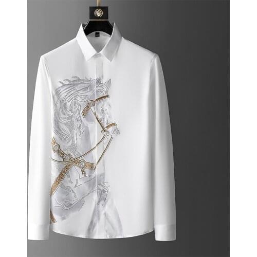 Luxury Top Diamond Mens Shirt Long Mouw Slim Casual Shirt Black Animal Horse Shirt Social Camisa Hombre Rhinestones Shirts Mens