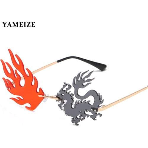 YAMEIZE Personality Frameless Sunglasses Fire Phoenix Eyewear For Party Unique Rimless Sunglasses Irregular Vintage Eyeglasses