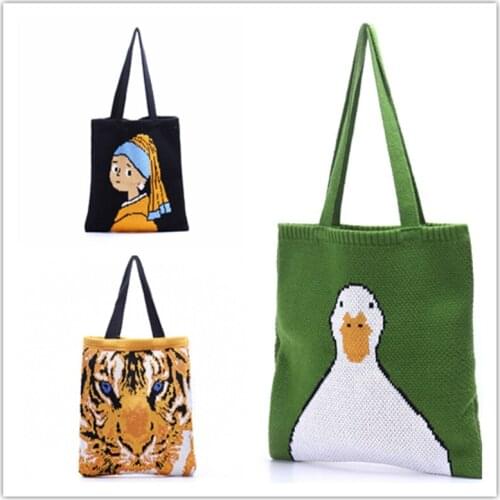 3pcs Female Japanese Style Kawaii Knitting Wool Tote Bag Teenager Winter Fashion Pattern Crochet Shopping Top-handle Handbag