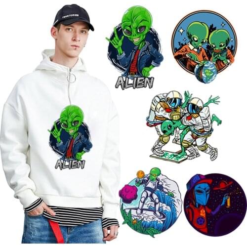 Prajna Space Alien Heat Transfer Patches For Clothes Astronaut Iron On Patches Thermal Sticker Clothing T Shirt Round Applique