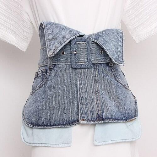 Womens runway fashion blue denim Cummerbunds female Dress Corsets Waistband Belts decoration wide belt TB1516