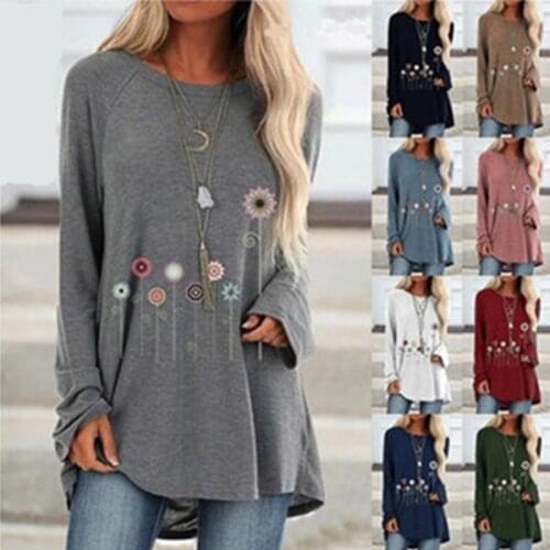 Women Floral Print Irregular Hem Tshirt Vintage Long Sleeve T-Shirt Tops O-Neck Tee Shirt Tunic Clothes Mujer Plus Size 5XL