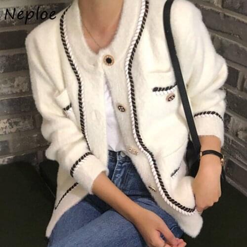 Neploe Temperament O-neck Contrast Color Woven Cardigan Woman Single-breasted Loose Multi-pocket Sweater Jacket Long-sleeve Coat