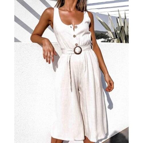 Female Jumpsuit 2021 Summer U-neck Button Half Cardigan Belt Casual Loose Sleeveless Jumpsuit Vintage Belted Bodysuit
