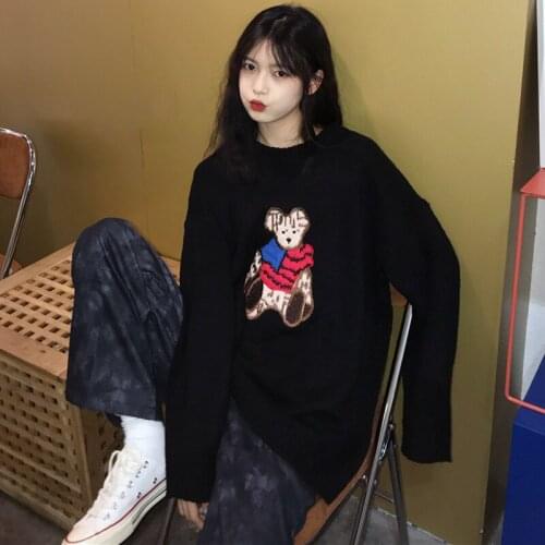 Winter Sweater Women College Style Sweater Color Bear Embroidery Sweater Harajuku Cartoon Animal Sweater Loose Sweater Cotton