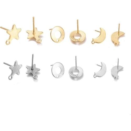 10pcs/lot 316L Stainless Steel Gold Color Moon Star Round Earring Post Stud with Loop for DIY Earring Jewelry Making Crafts