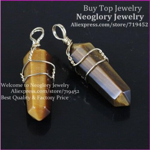 10pcs Natural Hexagon Prism Beads Healing Point Tiger Eyes Gems Pendant Druzy Quartz Pendant metal Wire Wrapped Pendant
