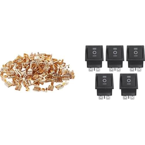 100 Pcs Car Speaker Female Spade Terminal Wire Connector with 5 Pcs 6 Pin DPDT Black Button On/Off/on Rocker Switch