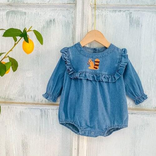 2021 Denim Baby Romper Longsleeve Animal Embroidery Girls Ruffled Collar One-piece Overalls 0-3 Years Baby Clothes