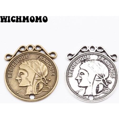 2021 New 8pcs/bag 27*24mm Retro Zinc Alloy Round Coin Two Hole Connector Charms for DIY Necklace Earrings Jewelry Accessories