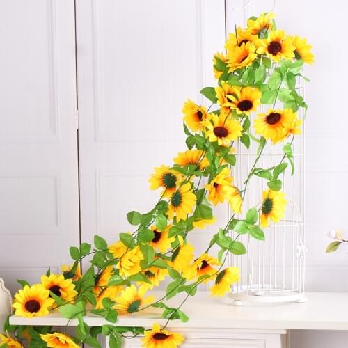 225CM Artificial flowers Ivy Vine Silk Sunflower Cane Plastic flower Rattan Hanging Garland Fake Plants Home Fences Garden Decor