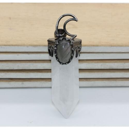 100-Unique 1 pcs Silver Plated Moon Natural Rock Crystal Hexagon Prism Pendulum Pendant Oval Labradorite Stone Amulet Jewelry