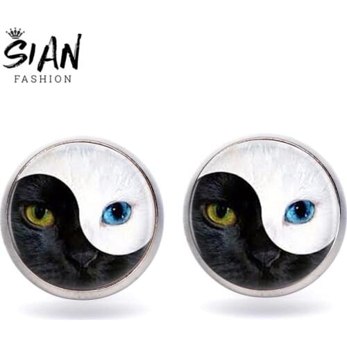 SIAN Yin Yang Ba Gua Taichi Cat Eye Earrings Fashion Silver Color Glass Cabochon Stud Earrings for Women Men Yoga Zen Pendientes