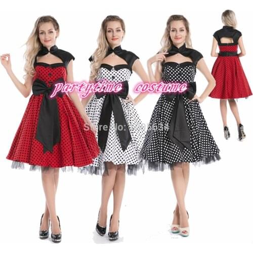 Free Shipping Vintage 1950s And 1960s Big Bow Swing Rockabilly Black White Polka Dot Evening Party Dress