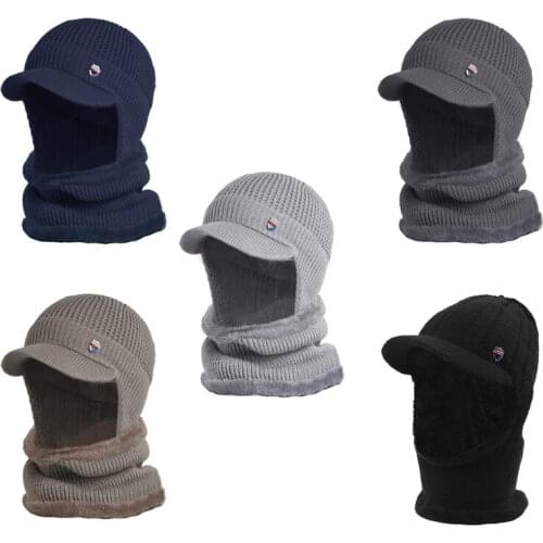 Men Winter 2 Pieces Set Visor Brim Earflap Beanie Hat with Circle Scarf Knitted Thicken Plush Lined Skullies Baseball Cap Windp