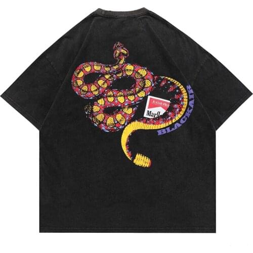 Summer Men Hip Hop Washed Oversize Short Sleeve Tshirts Snake Graphic Print T-Shirt 2021 Streetwear Harajuku Cotton Tops Tees