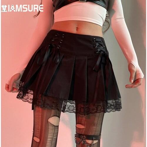 IAMSURE Dark Lace Trim Tie Side Pleated Skirt Low Waisted Mini Skirts Cute All-Match Bottom Female 2020 Sweet Casual Streetwear