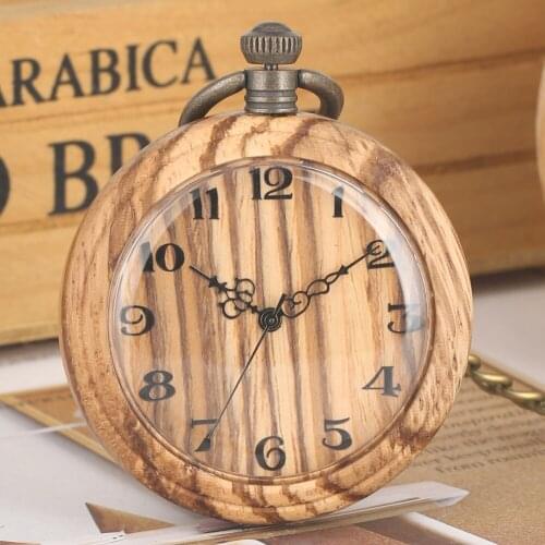 Classic Wooden Pocket Watch for Female Male Large Light Brown Dial Pocket Watches Practical Detachable Rough Chain Pendant Watch