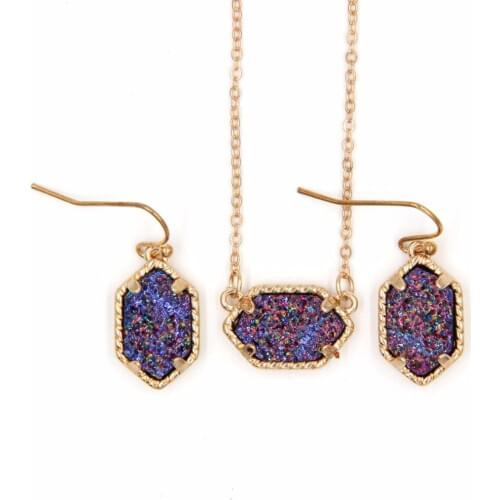 YJX030 Wholesale 6 Set Lot Mini Iridescent Druzy Drusy Pendant Necklace With Matching Drop Earrings Hot Fashion Jewelry Sets