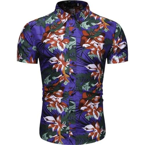 Summer Mens New Loose-sleeved Floral Shirt Casual Men Hawaiian Shirt