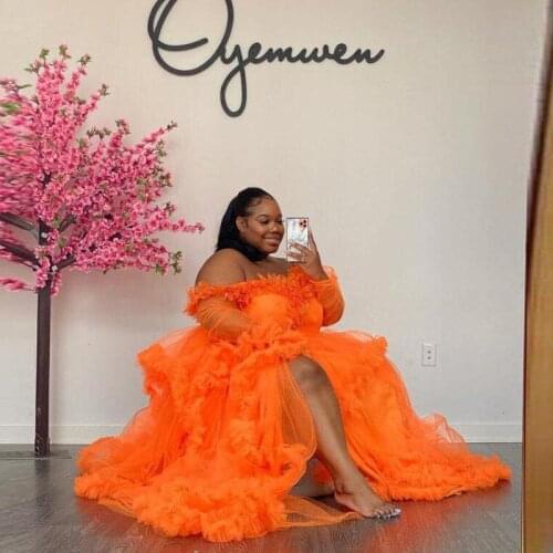 Fashion Bright Color Fluffy Mesh Party Dresses Bathrobe Fuchsia Tulle Prom Gowns Lush Sleeves Baby Shower Party Dress Puffy