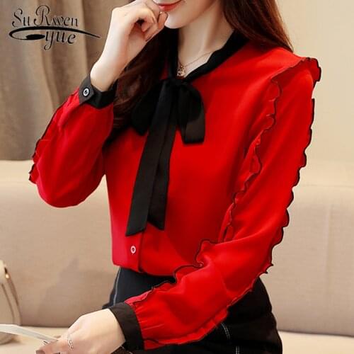 Fashion Womens Tops And Blouses 2021 Red Chiffon Blouse Shirt Long Sleeve Women Shirts Bow Collar Office Blouse Women 1318 40