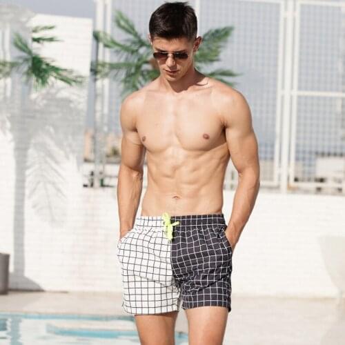 Black white plaid men swimsuit male surfing board shorts men swimwear sunga swim trunk