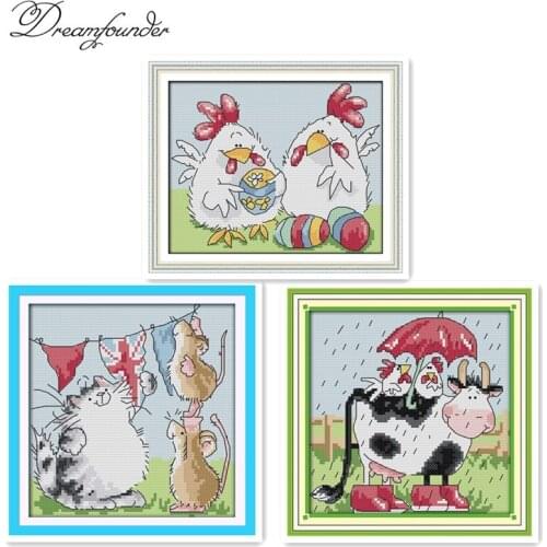 Cows and chicken cross stitch kit 14ct 11ct count pre printed canvas stitches embroidery DIY handmade needlework plus