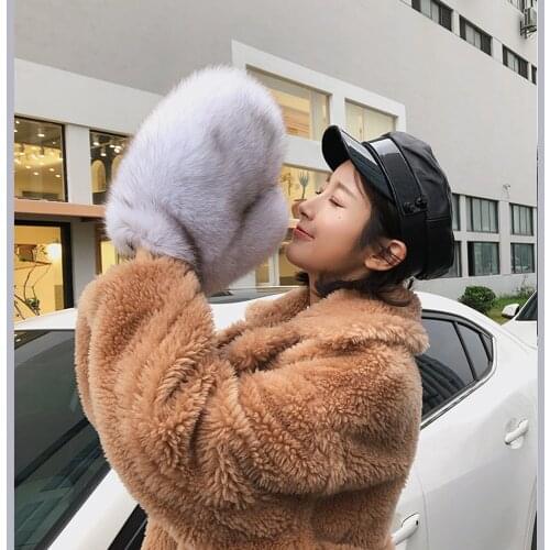 AU1023 Genuine Fox Fur Gloves Natural Fox Fur Mittens Suede Leather Winter Thicken Gloves Unisex Fashion Fluffy Fur Gloves