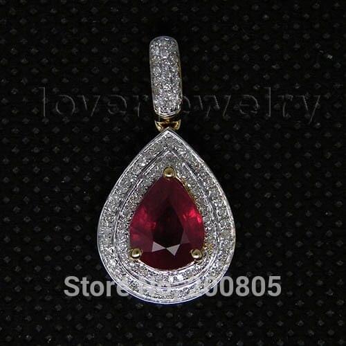 LOVERJEWELRY New Elegant Pear 7x9mm Rubi Pendant Solid 14Kt Yellow Gold,Real Diamond Red Ruby Pendant For Sale CA001