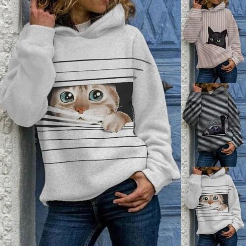 Casual Women Autumn Winter Long Sleeve Stripes Cats Print Sweatshirt Hoodie Sweatshirt Hoodie