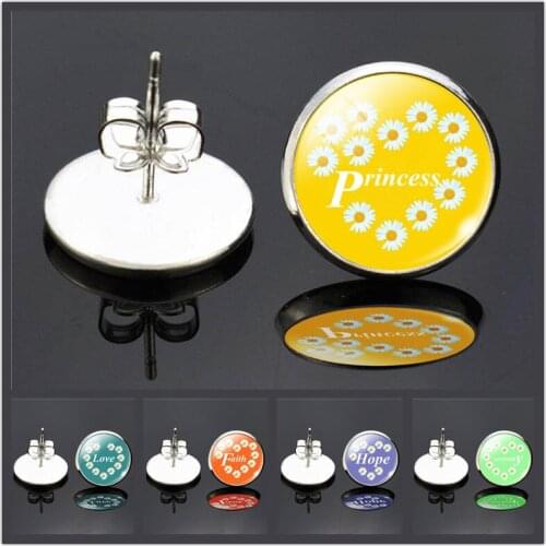 Priness Love Hope Faith Letters Daisies Flower Pattern Stud Earrings Glass Dome Earrings Gift For Daughter Friends Sister
