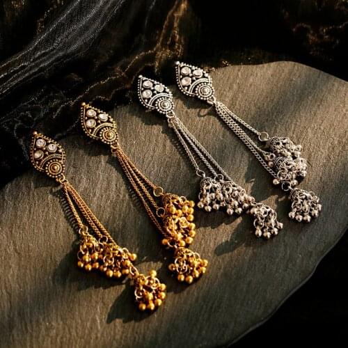 Retro Long Chain Tassel Indian Earrings Women Wedding Vintage Bells Carved Statment Earrings