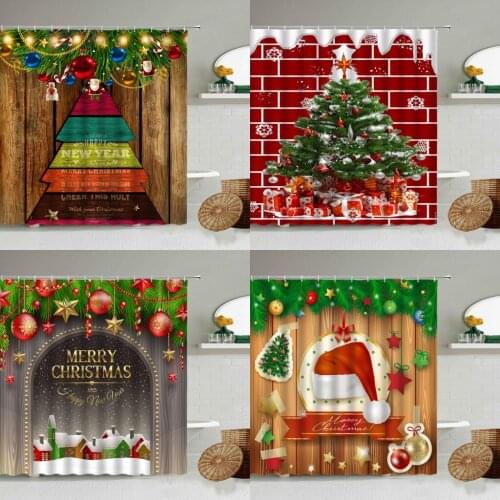 Merry Christmas Shower Curtain Xmas Tree Holiday Gifts Vintage Old Wooden Farmhouse Bathroom Decor With Hook Waterproof Screen