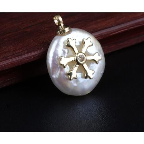 Gold snow snowflake charms flat coin natural freshwater pearl bead charm for jewelry diy making for choker earring