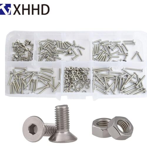 Hex Flat Socket Head Cap Screw Metric Thread Countersunk Hexagon Allen Bolt Nut Set Assortment Kit Box 304 Stainless Steel M2