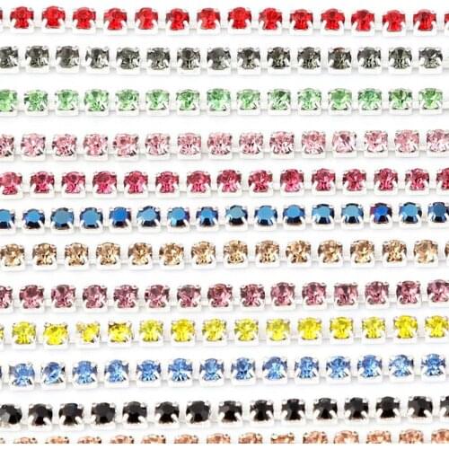 SS6 2mm 5yard/lot colorful glass crystal Rhinestone Chain,silver bottom sew on Cup Chains For diy Garment Bags decorations